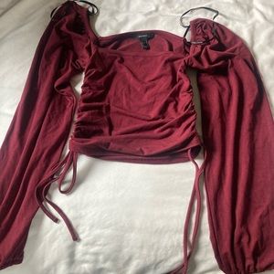 Dark mayve square neck, balloon sleeve top with ties on the side